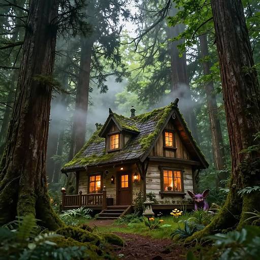 Enchanted Forest Cabin with Magical Creatures