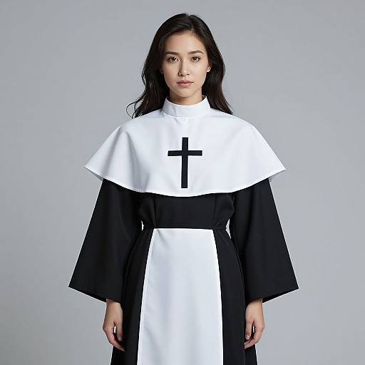 Photograph of a young woman with long black hair, wearing a black and white nun's habit with a large black cross on the white cape, standing