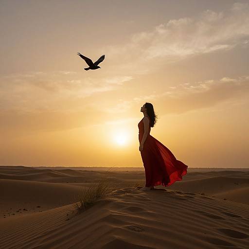 Silhouetted woman in flowing red dress stands in desert at sunset, bird flying above, golden sky, rippled sand dunes.