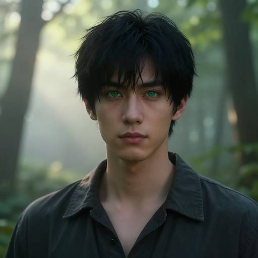 Digital CGI portrait of an androgynous young man with pale skin, green eyes, messy black hair, and a dark brown shirt, standing in