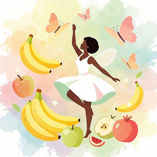 Digital illustration of a dark-skinned woman in a white dress, dancing among colorful butterflies, bananas, apples, and a watermelon slice.