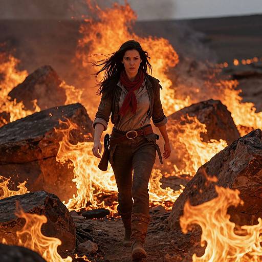Determined Woman in Fiery Landscape