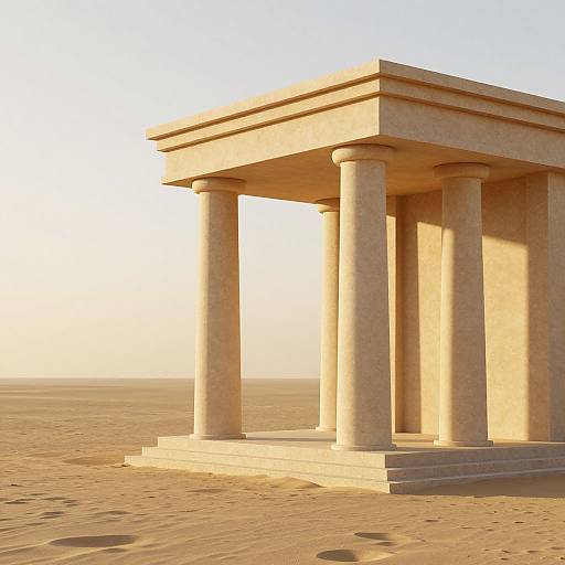 Photorealistic CGI image of a classical-style, beige stone temple with four columns, standing alone in a sandy desert under a clear, bright sky.