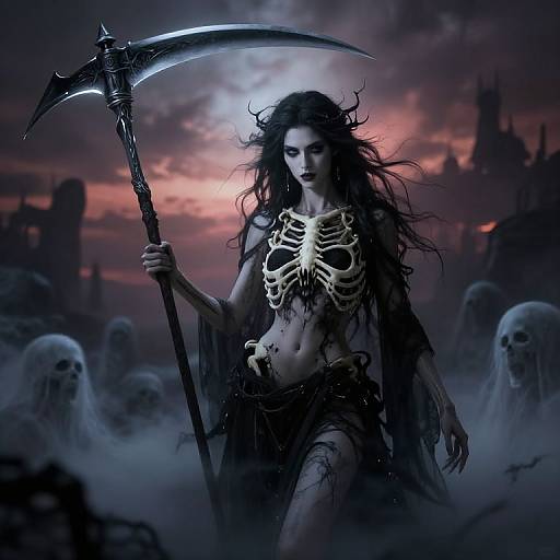 Digital artwork of a dark-haired, skeletal-shouldered female reaper with a scythe, standing among ghostly figures at a twilight, gothic