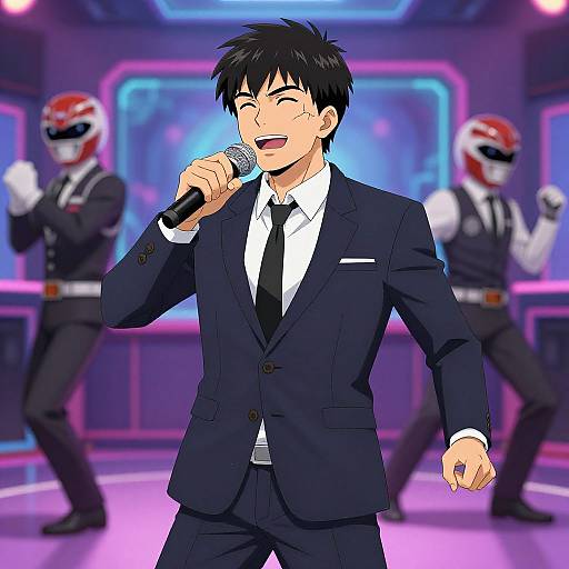 Anime-style drawing of a smiling black-haired man in a black suit and tie, singing into a microphone, with two helmeted dancers in the background on