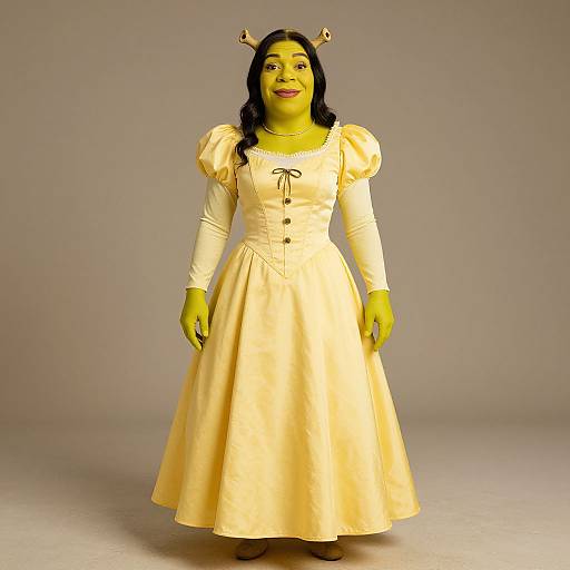 Photograph of a green-skinned woman with black hair, wearing a yellow puffed-sleeve dress, small yellow horns, and brown shoes,