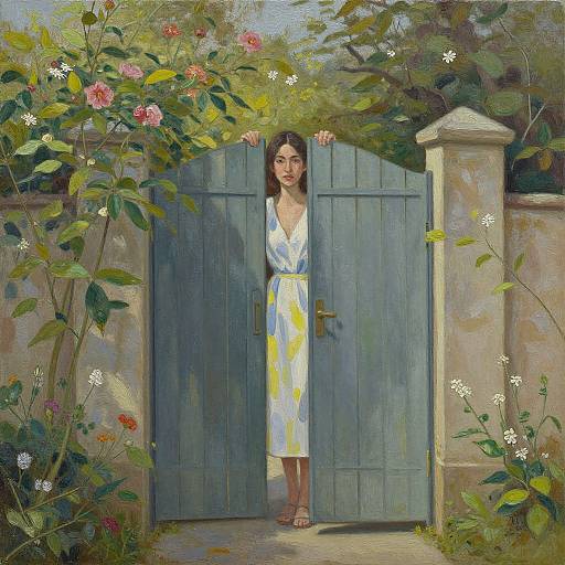 Digital painting of an Asian woman in a white and yellow dress, standing in a blue gate, surrounded by vibrant flowers and greenery.
