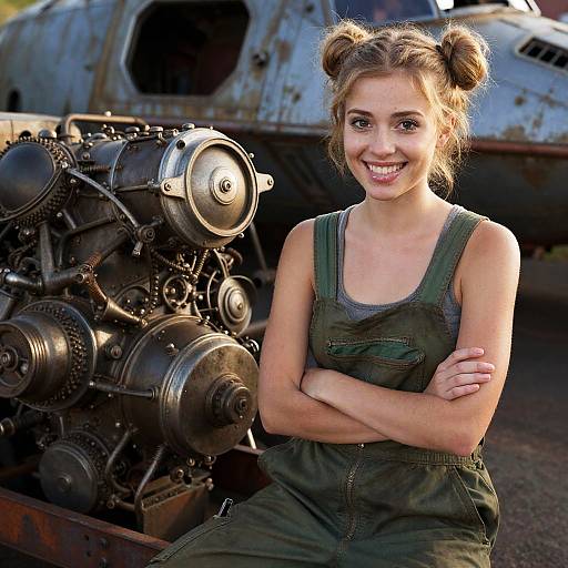 Photograph of a smiling young woman with blonde hair in double buns, wearing green overalls, standing next to a large, rusted aircraft engine