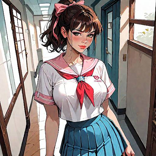 Anime Girl in Sailor Uniform in Hallway