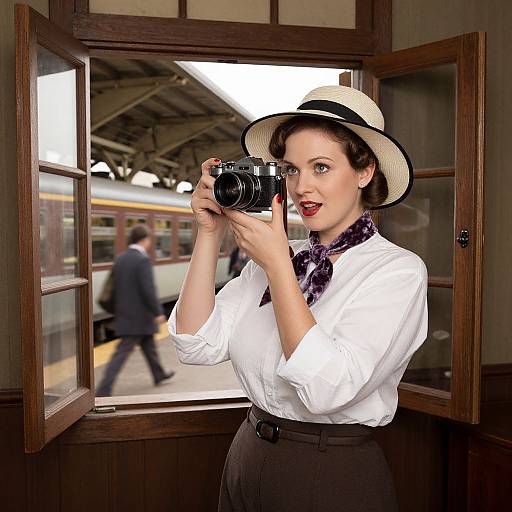 Photograph of a vintage-styled woman in white blouse, black skirt, purple scarf, and white hat, holding a camera, standing in a wooden