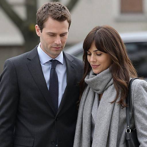 Photograph of a couple walking outdoors; man in black suit, white shirt, black tie; woman in gray scarf, black coat, brown hair.