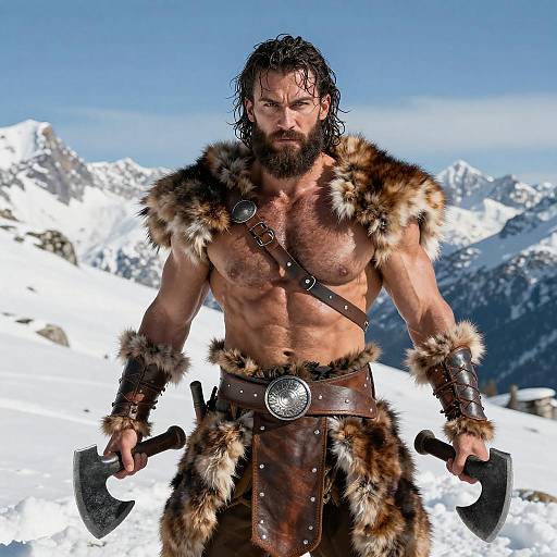 Muscular Warrior in Snowy Mountains