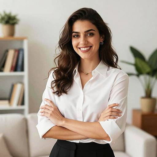 Photograph of a smiling woman with long brown hair, wearing a white blouse and black skirt, arms crossed, in a bright, modern living room with