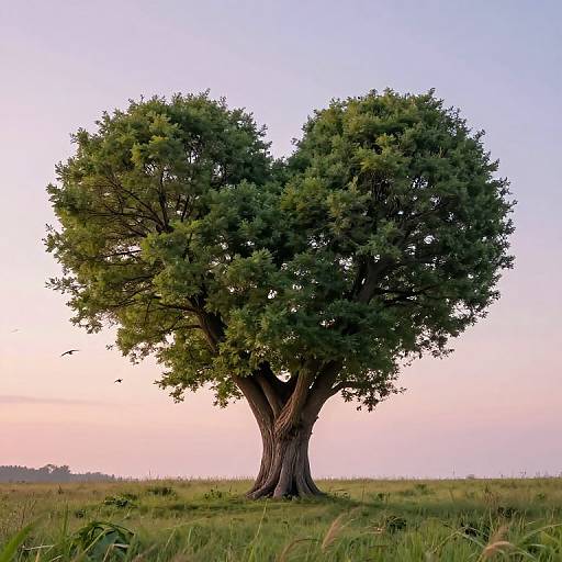 Photograph of a single, large, double-trunked tree with lush green foliage, set against a pink and blue sky at sunset, standing in