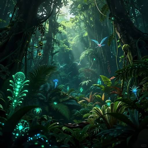 Digital artwork of a lush, bioluminescent jungle at night. Glowing blue and green plants illuminate the dense foliage, with a white butterfly flutter