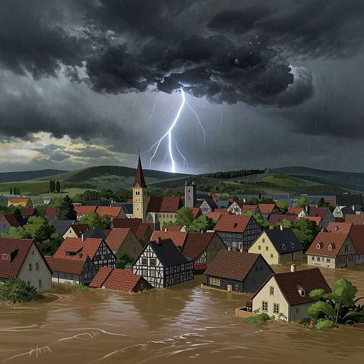 Stormy landscape photograph: medieval village with flooded streets, lightning bolt striking, dark clouds, Tudor-style houses, church tower, and brown floodwaters