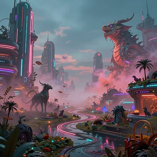 Neon-lit futuristic cityscape with towering skyscrapers, a dragon, flying vehicles, glowing rivers, and vibrant flora. Digital artwork in a