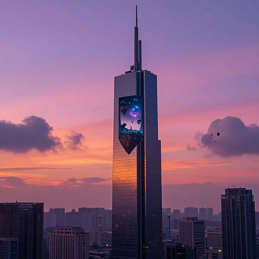 Photograph of a tall skyscraper with a large digital screen displaying a purple and blue abstract image against a vibrant orange and pink sunset sky, surrounded by