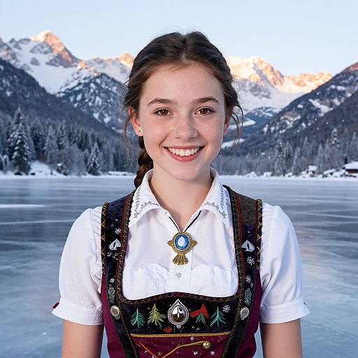 Photograph of a smiling young woman with braided brown hair, wearing a white blouse and embroidered black dress, standing in front of a frozen lake with