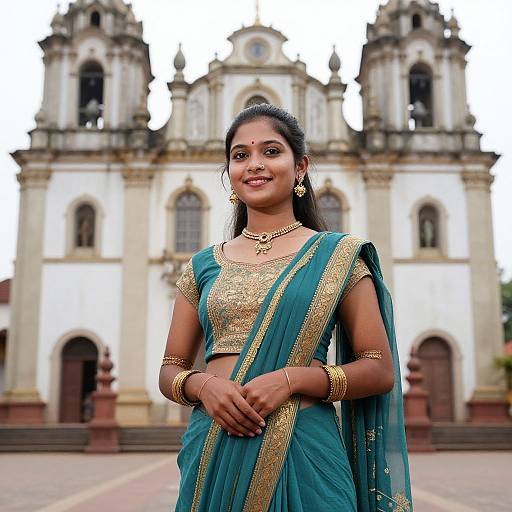 Photograph of a smiling Indian woman in a teal and gold sari, gold jewelry, standing in front of an ornate, white colonial-style church