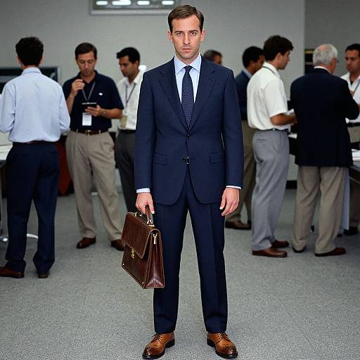 Photograph of a serious-looking white man in a dark blue suit, white shirt, black tie, brown leather briefcase, standing in a modern office