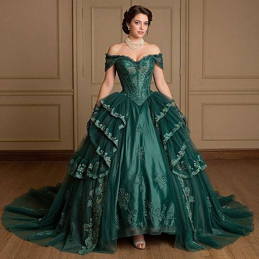 Photograph of a woman in an off-shoulder, teal, lace-embellished ball gown with a full skirt, pearl necklace, standing