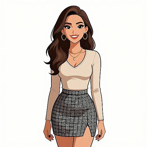 Digital illustration of a smiling woman with long brown hair, wearing a white long-sleeve top, black and white patterned high-waist skirt