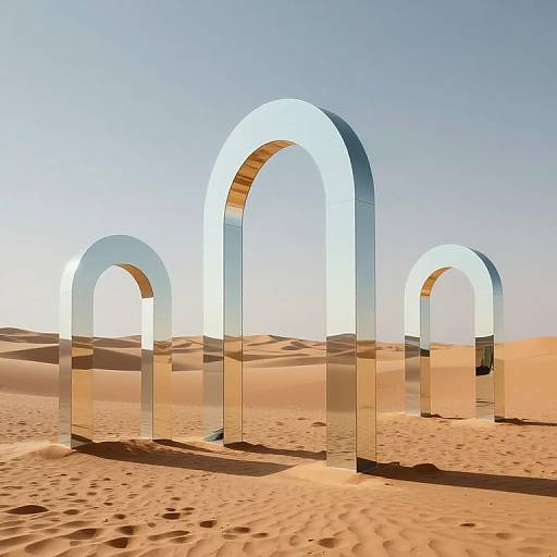 Photograph of three illuminated, transparent arches standing in a sunlit desert with golden sand dunes and clear blue sky.