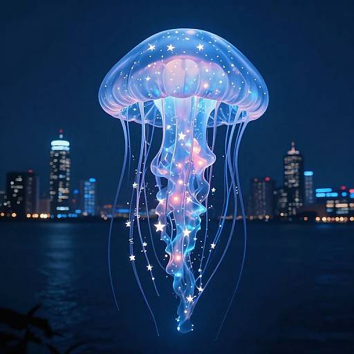 Photograph of a glowing blue and white jellyfish adorned with star patterns, floating against a nighttime cityscape with illuminated skyscrapers.