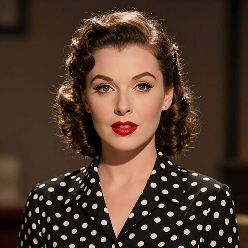 Vintage-style photograph of a fair-skinned woman with curled brown hair, red lipstick, and black polka dot blouse, set against a dark, blurred