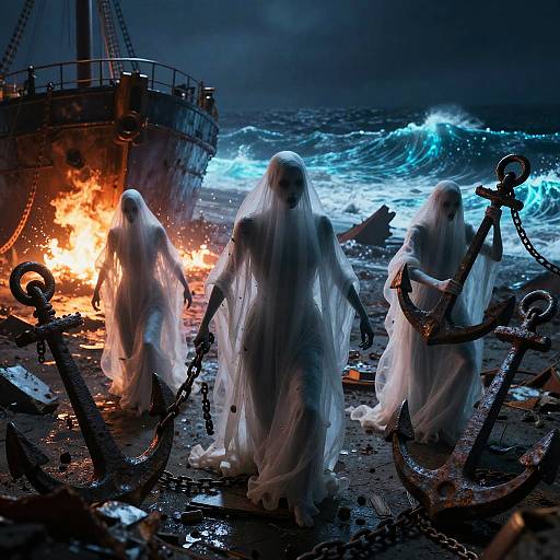 Photorealistic digital artwork of three ghostly white figures with flowing cloaks, holding chains, walking on a stormy, shipwrecked beach