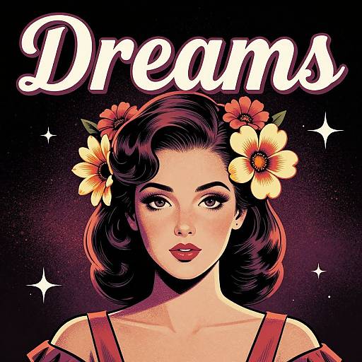 Vintage-style digital illustration of a fair-skinned, red-lipped woman with dark, wavy hair adorned with yellow and orange flowers, wearing a red