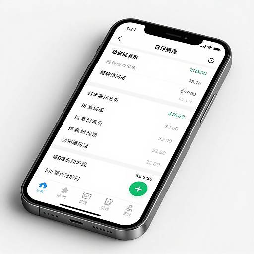 Photograph of a modern black smartphone displaying a white app screen with Chinese text and icons, including a green button.