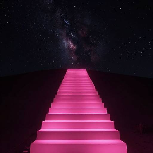 Photograph of a neon pink, illuminated, stepped pathway extending into a starry night sky with the Milky Way visible.