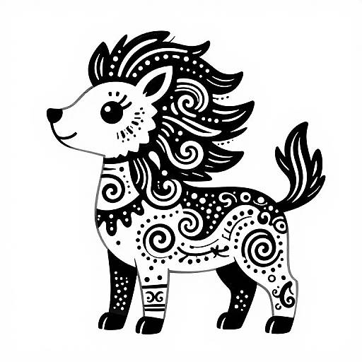 Black-and-white stylized drawing of a decorative, mythical dog with intricate, swirling patterns on its body and mane, standing on all fours.