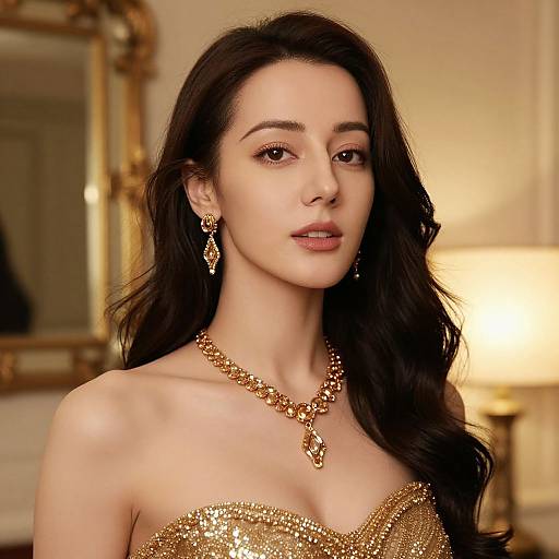 Photograph of a beautiful woman with long, dark hair, wearing a gold sequined strapless dress and intricate gold jewelry, against a softly lit,