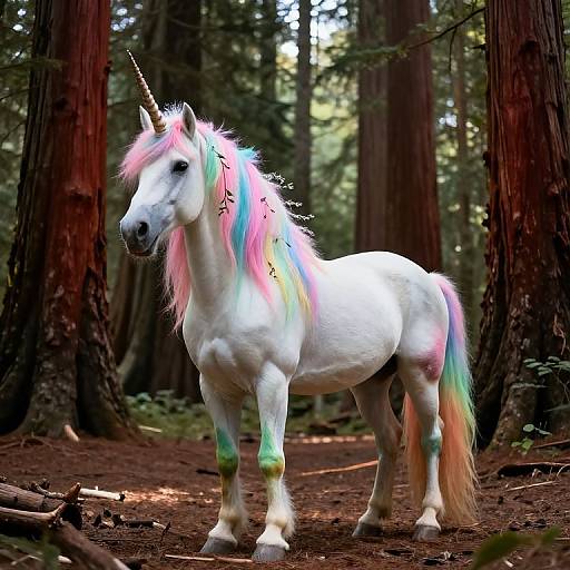 Photograph of a white unicorn with a pastel rainbow mane, horn, and green hooves, standing in a sunlit redwood forest.