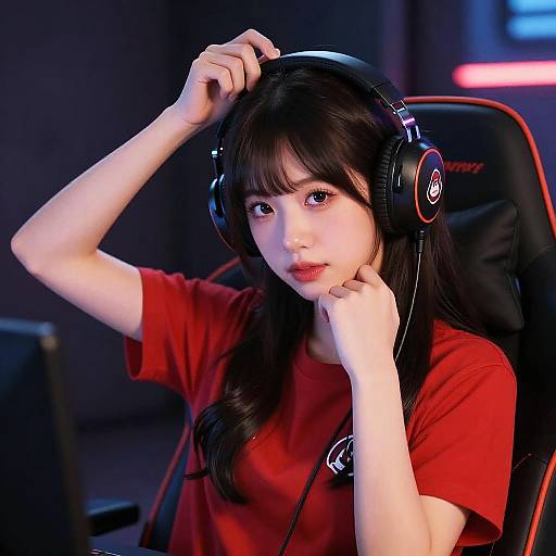 Photograph of an Asian woman with long black hair, wearing a red shirt and black Razer headphones, sitting in a gaming chair, adjusting her headphones