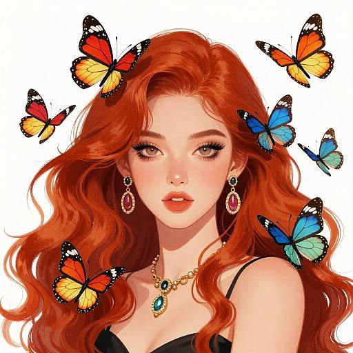 Digital artwork of a red-haired woman with wavy hair, wearing black lace top, red earrings, and turquoise necklace, surrounded by colorful butterflies.