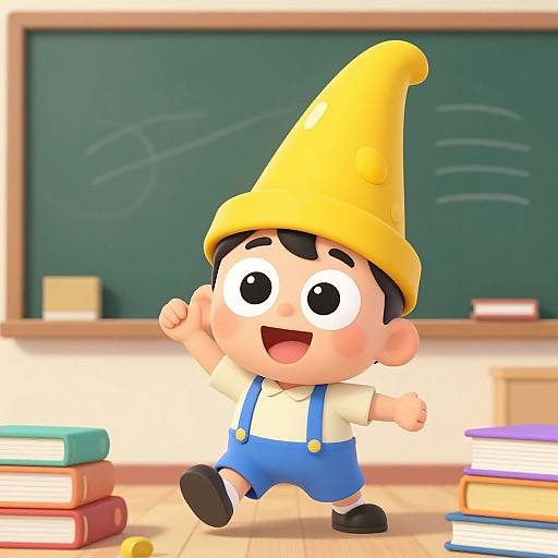 Cartoon boy with yellow hat, blue overalls, white shirt, black shoes, cheerfully jumping in a classroom with stacked books and chalkboard.