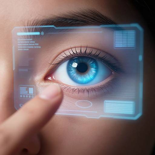 Close-up photograph of a blue-eyed person's right eye, framed by a semi-transparent digital interface, with a finger touching the screen.
