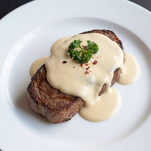 Photograph of a grilled steak topped with creamy sauce and garnished with a sprig of parsley on a white plate.