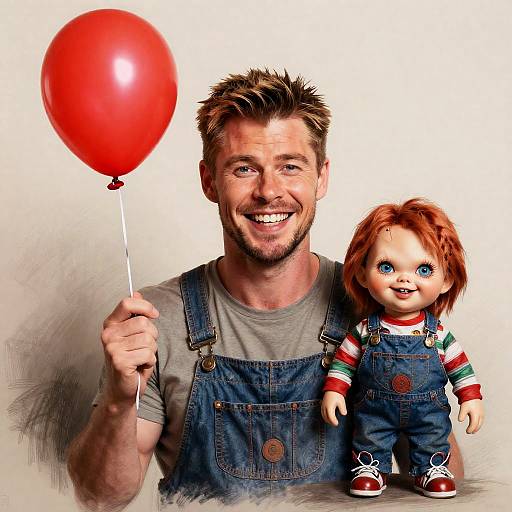 Photograph of a smiling, bearded man with spiky brown hair holding a red balloon, standing beside a smiling doll in denim overalls.