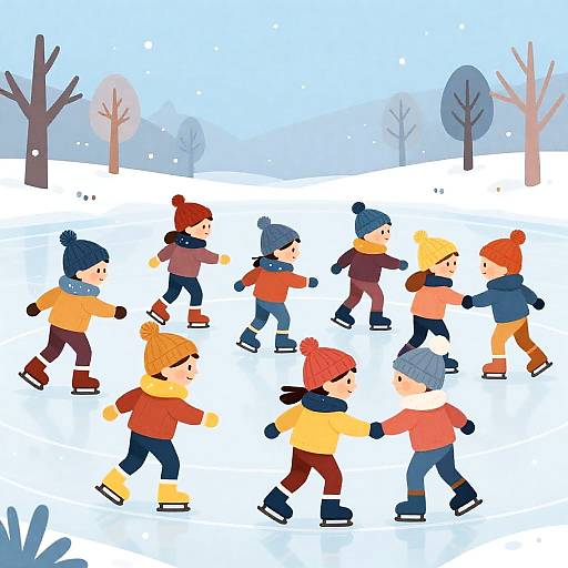 Joyful Cartoon of Children Ice Skating
