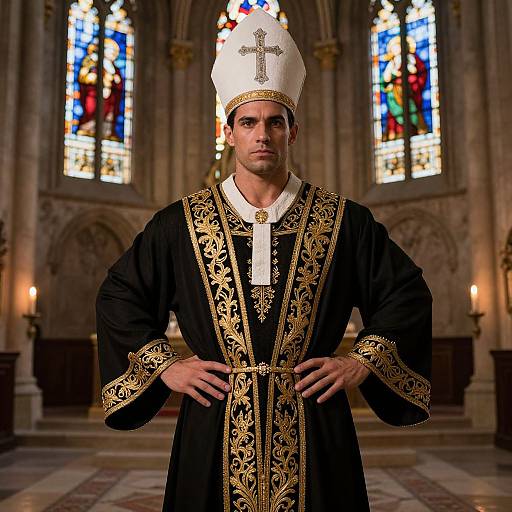 Majestic Cleric in Ancient Church Courtyard