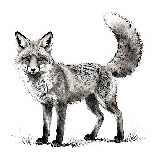 Black-and-white digital drawing of a standing fox with detailed fur texture, alert expression, raised tail, and grass beneath.