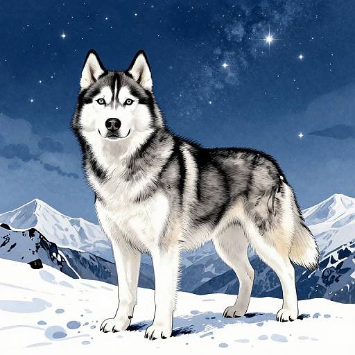 Digital illustration of a black and white Siberian Husky standing in snowy mountains under a starry night sky.