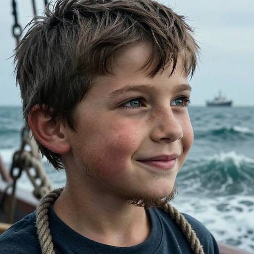 Photograph of a young boy with messy brown hair, blue eyes, and a slight smile, wearing a black shirt, standing by a chaotic ocean with