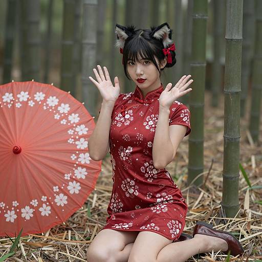 Serene Asian Woman in Bamboo Forest