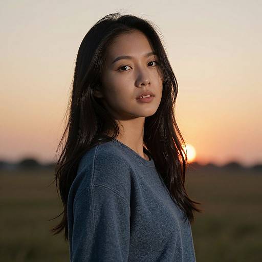 Photograph of an Asian woman with long, dark hair, wearing a blue sweater, standing against a sunset-lit, field background.